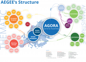 Die Struktur von AEGEE basiert auf einem europäischen Level (ein europäischer Vorstand in Brüssel sowie Kommissionen, Komitees, Arbeitsgruppen und multinationale Projektteams) und einem lokalen Level aus über 200 Antennen, welche das Netzwerk bilden.